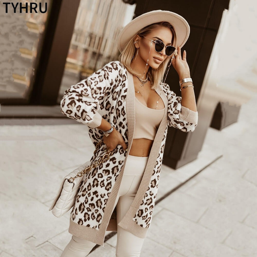 TYHRU New Autumn Winter Leopard Print Cardigan Sweater Women’s Jacket Loose Fashion Warm Knitted Cardigan for Women alx