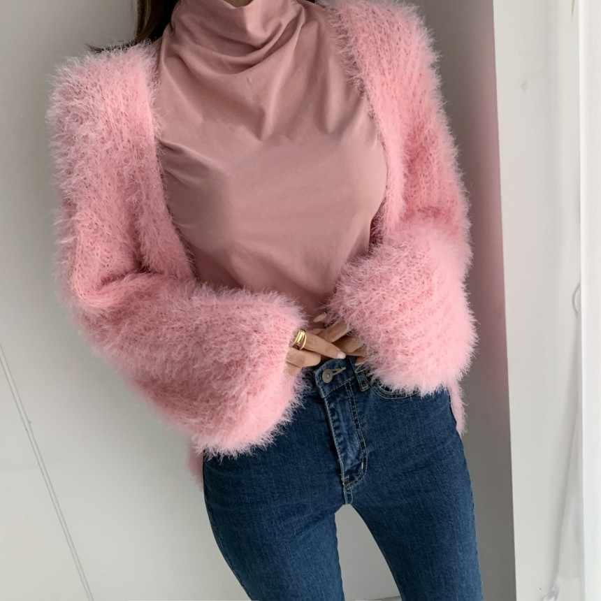 V-neck Furry Loose Knit Cardigan Mohair Crochet Sweater Jacket Faux Fur Plush Jacket Velvet Lantern Sleeve Top Sweater Jacket alx