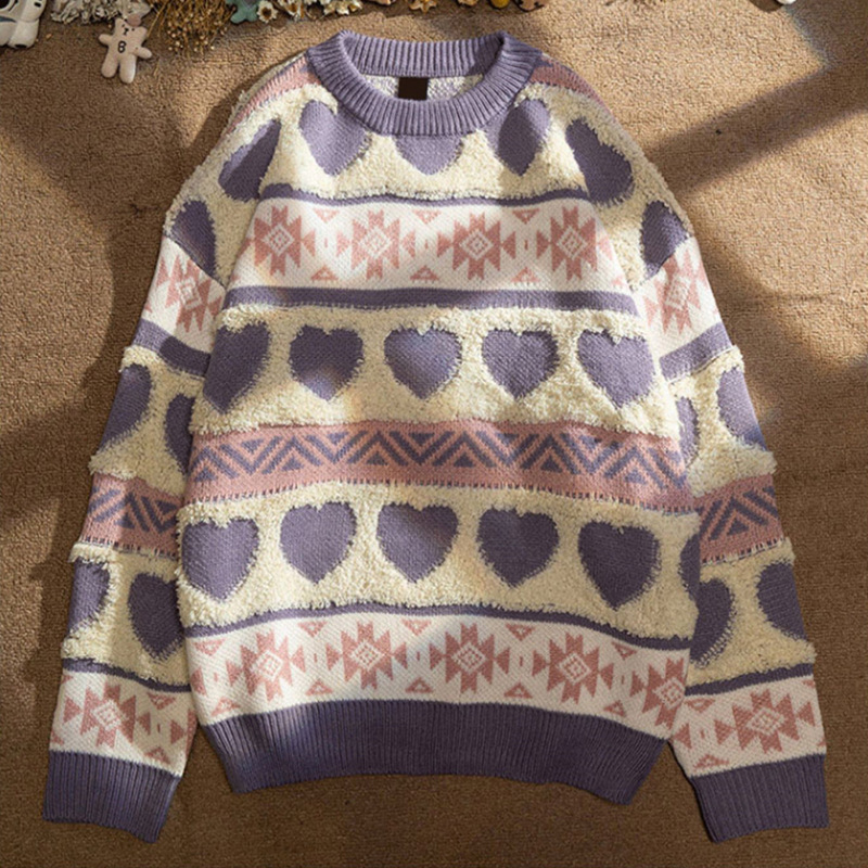 2022 Winter New Christmas Sweater Women Knitted Sweater Men Harajuku Heartshaped Pattern Knitted Pullover Vintage O-Neck Sweater alx