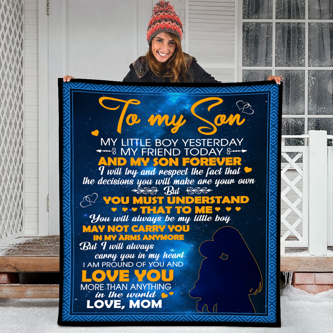 To My Son My Little Boy Yesterday My Friend Today Lion- Yellow Blue Color Fleece Blanket Small Medium Large X-Large