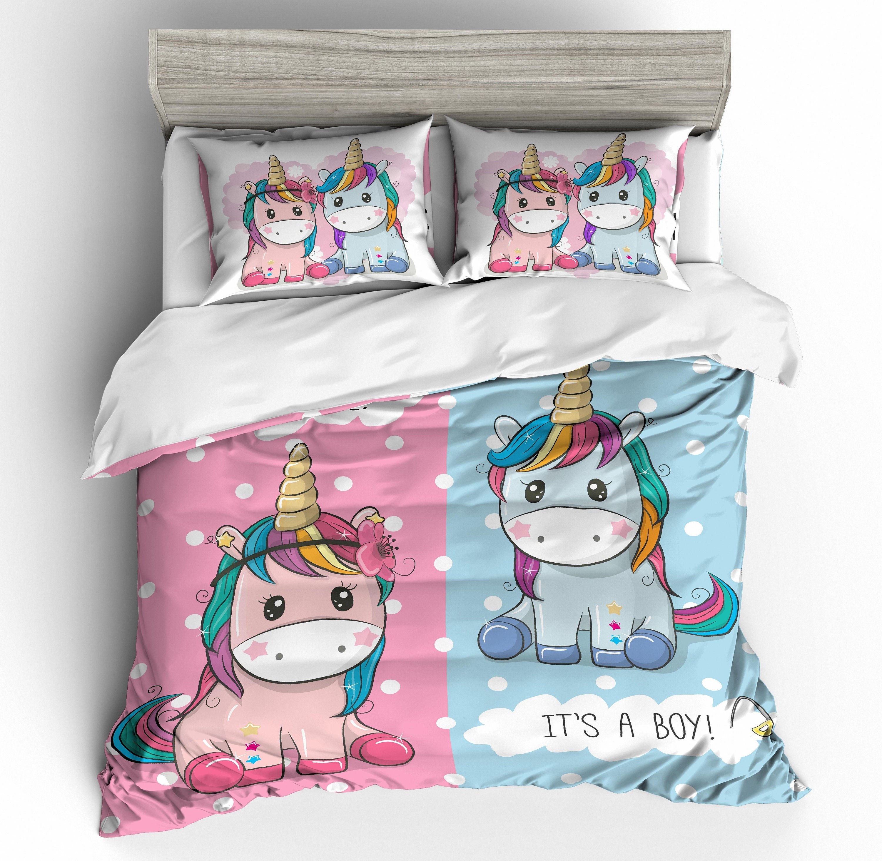 3D Cartoon Pink And Blue Unicorn Bedding Set Quilt Cover Quilt Duvet Cover Pillowcases Personalized  Bedding Queen  King  Full  Double 3 Pcs