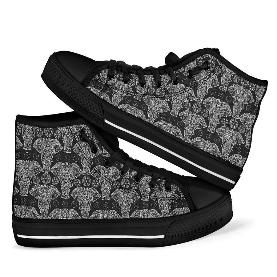 Black Elephant Mandala Print Men Women’s High Top Shoes