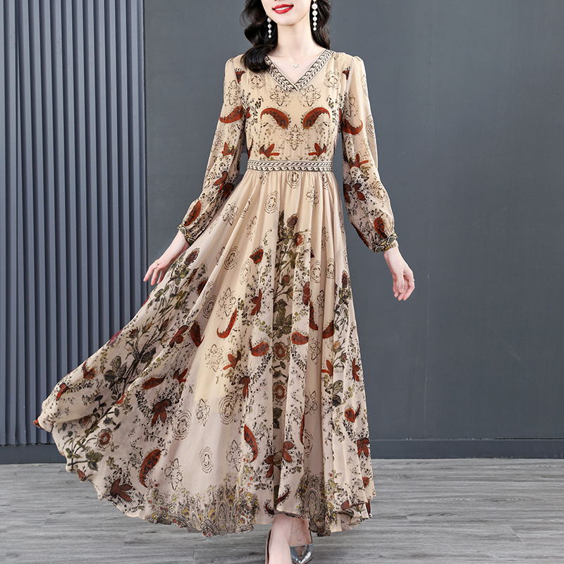 2022 Boho Floral Silk Long Sleeve V-Neck Maxi Dress Women Korean Fashion Luxury Chic Dress Autumn Elegant Bodycon Party Vestidos alx