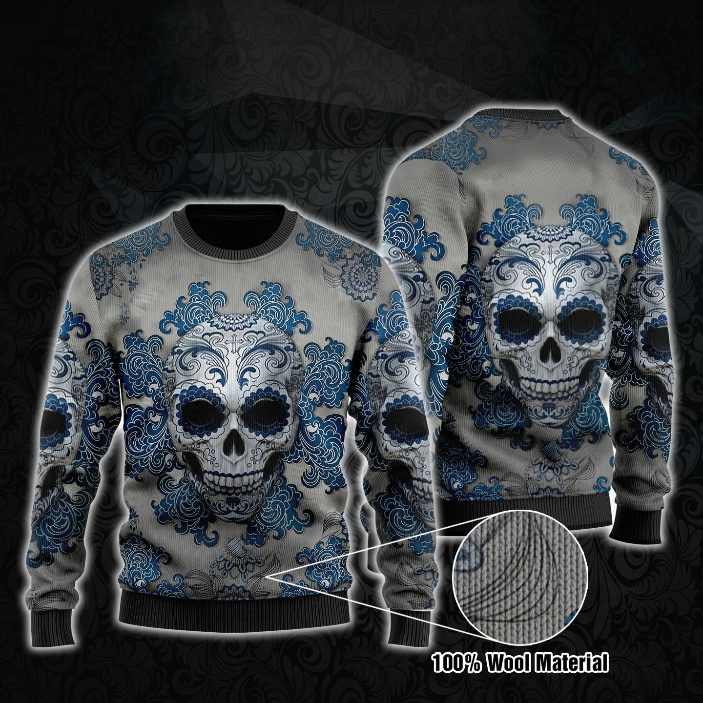 Skull – Blue Candy Skull Wool Sweater / NQHBDB021120