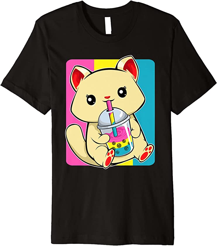 Cat Drinking Boba LGBT-Q Kitten Pansexual Pride Flag Color Premium T-Shirt