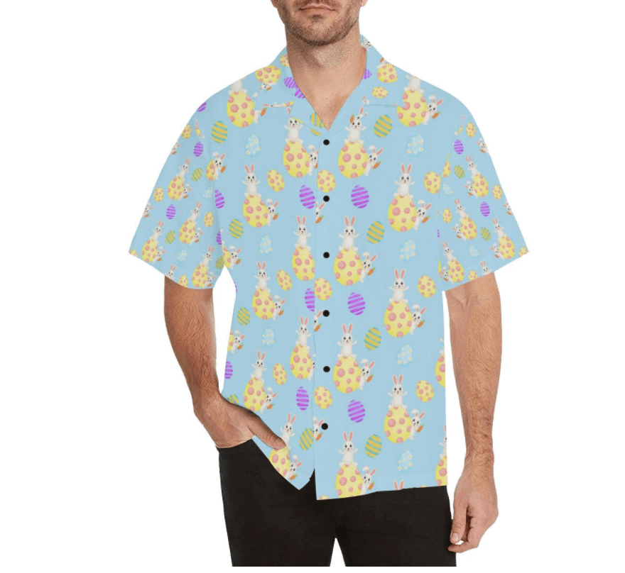 Beach Shirt Happy Easter Blue Eggs Colorful Bunny Hawaiian Shirts V