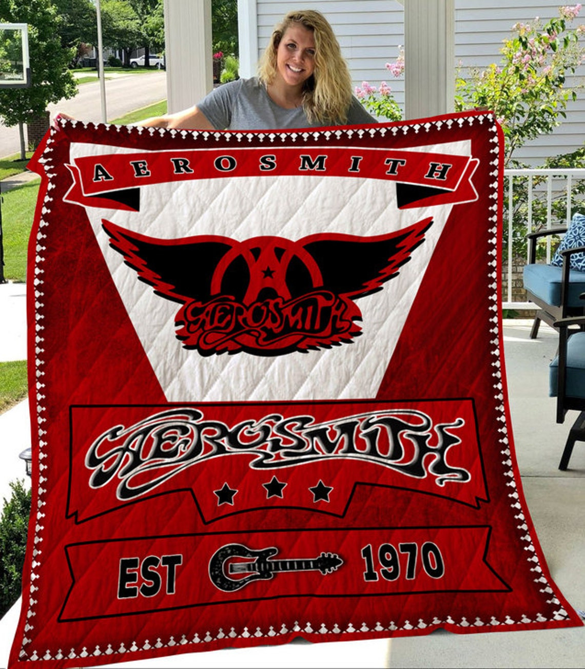 Aerosmith Quilt Blanket, Music Rock And Roll Fans, Musial Blanket, Rock And Roll Quilt, Music Band Quilt Blanket