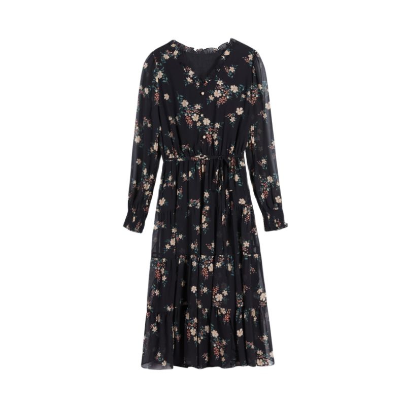 Black Floral Lantern Sleeve Dress 2022 Spring New Korean Fashion Retro Lightweight Knee-length Casual High Waist Dress Women alx