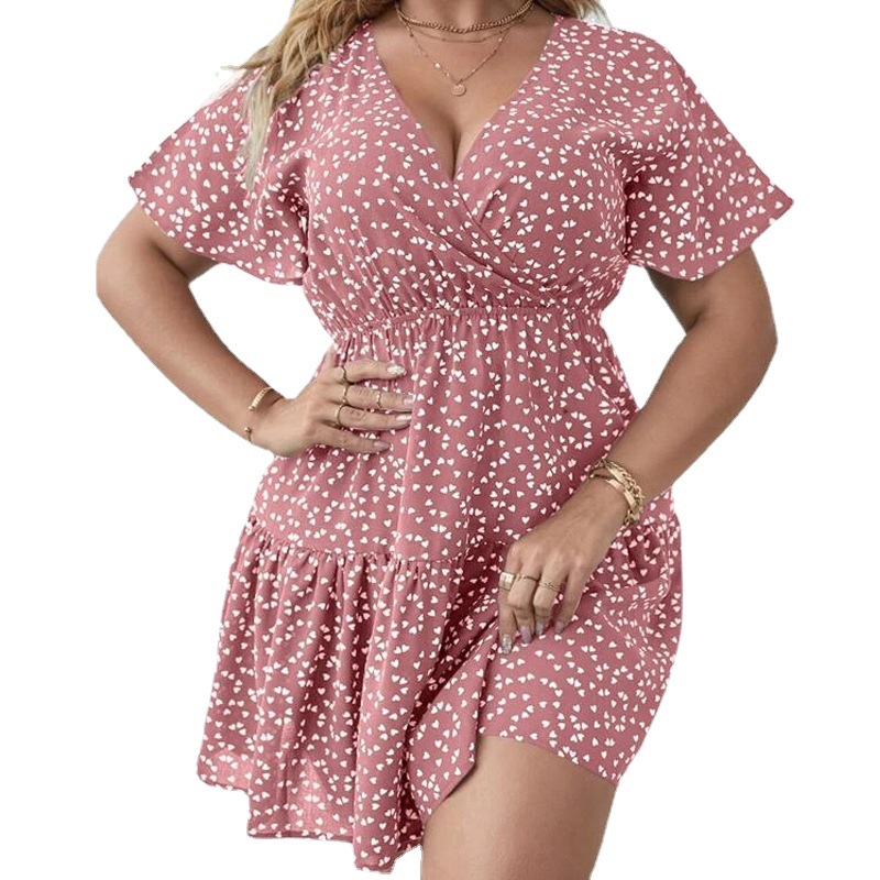 Women’s Plus Size Wrap V Neck Floral Summer Mini Dress Short Sleeve Ruffle Hem A Line Short Dress Boho Floral Dress alx