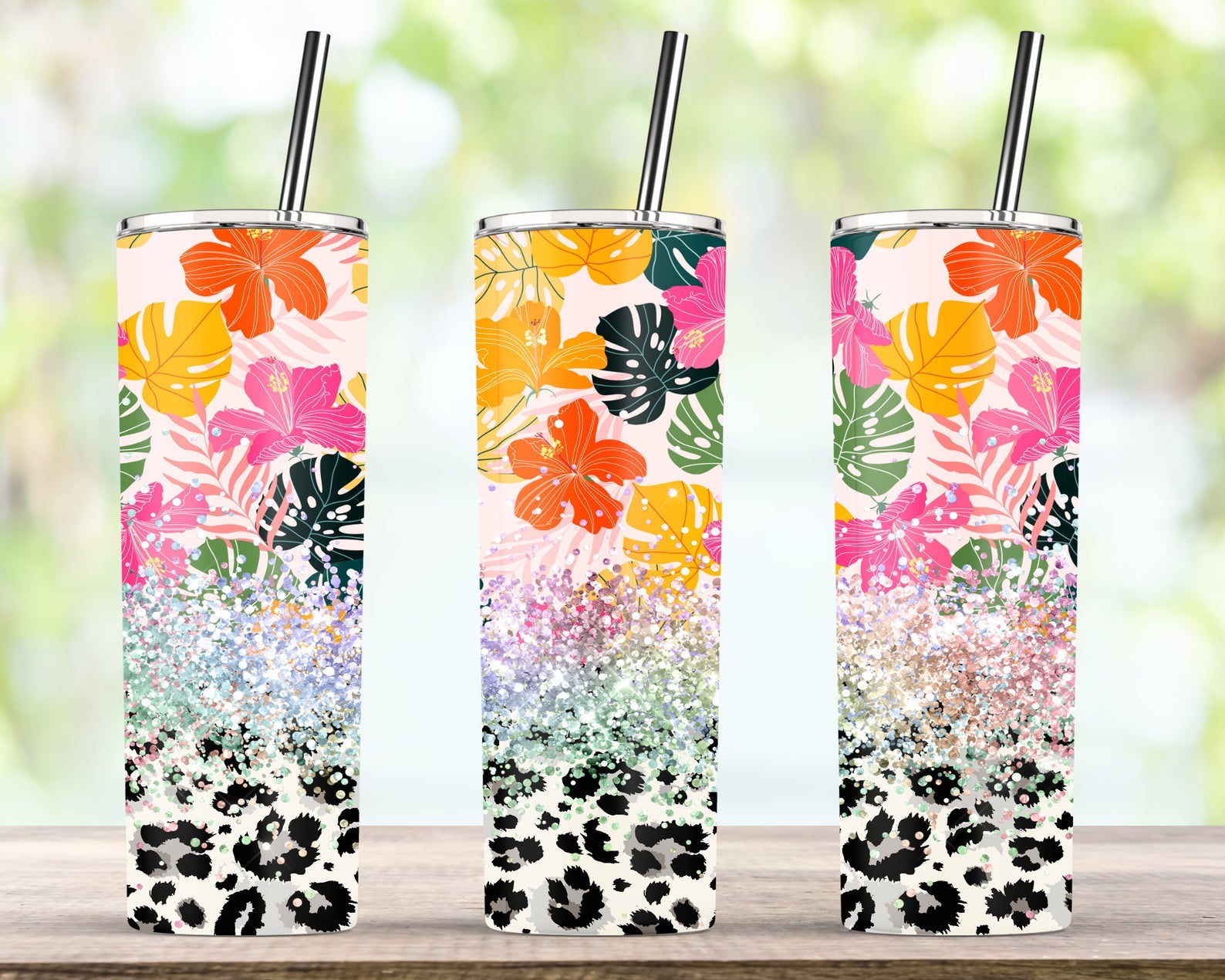 Tropical Flower Cheetah Glitter 20Oz Skinny Tumbler