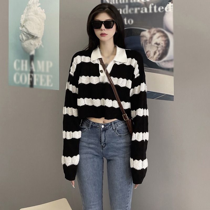 Chic Women Pullover Sweater Striped Design Turn Down Collar All-match Loose Preppy Simple Japanese Style Spring Soft Trendy alx