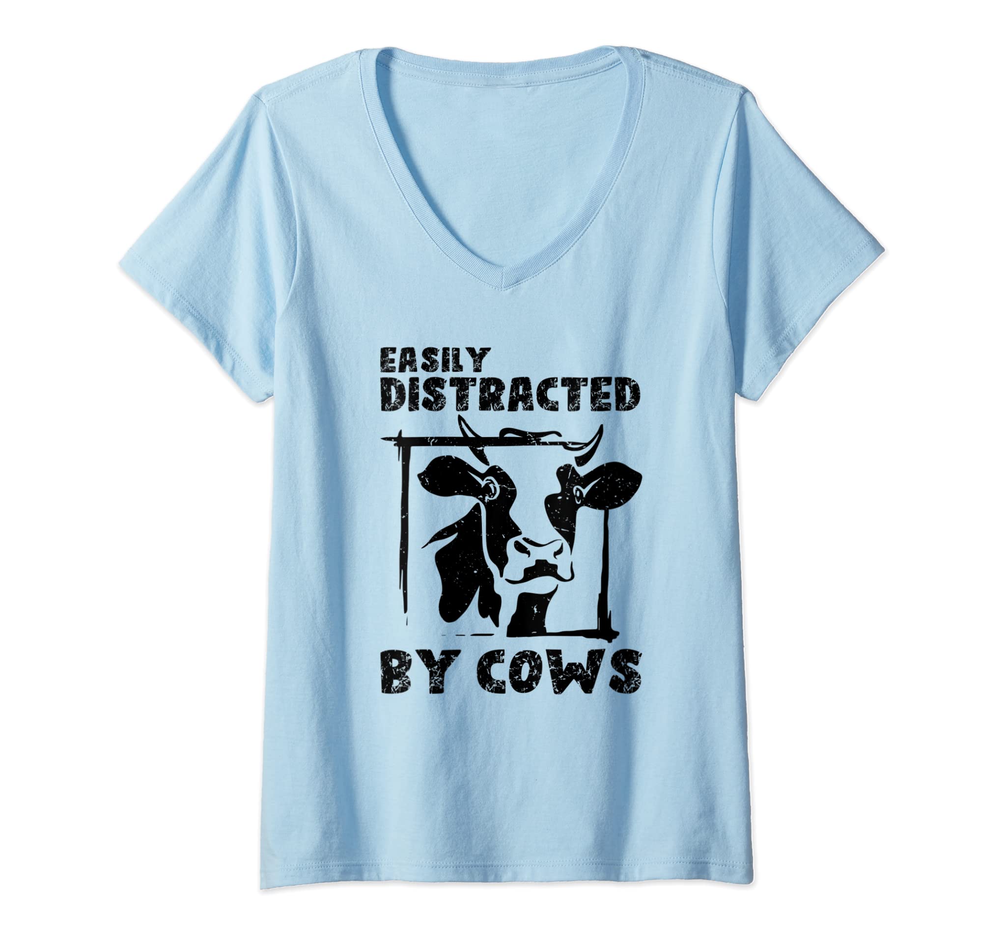 Womens Easily Distracted By Cows | Farming Agriculture V-Neck T-Shirt