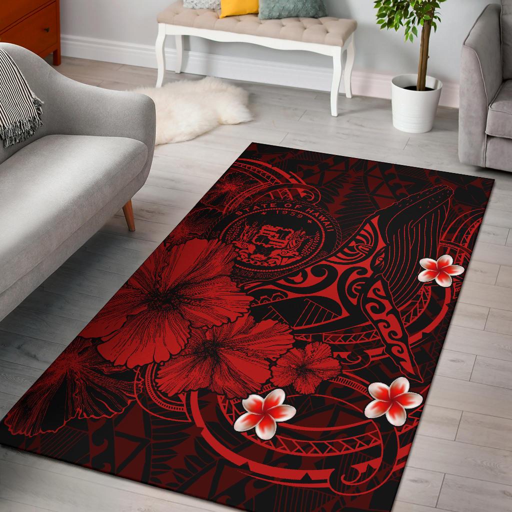 Polynesian Hawaii Area Rug – Humpback Whale With Hibiscus (Red)