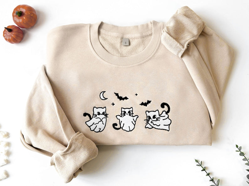 Embroidered Black Cat Halloween Crewneck Sweatshirt All Over Print Sweatshirt For Women Sweatshirt For Men Sws2585