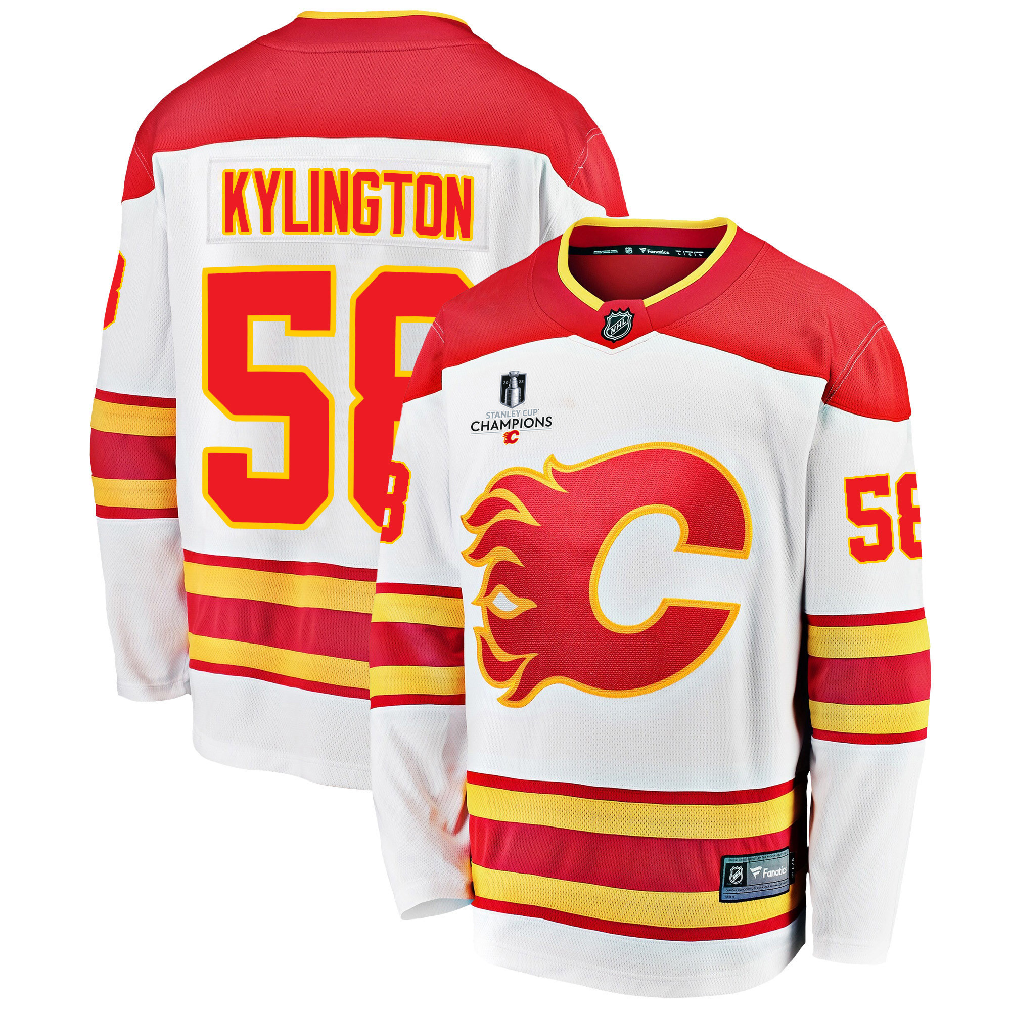 Calgary Flames Oliver Kylington 58 Away 2022 Stanley Cup Champions Breakaway Men Jersey – White