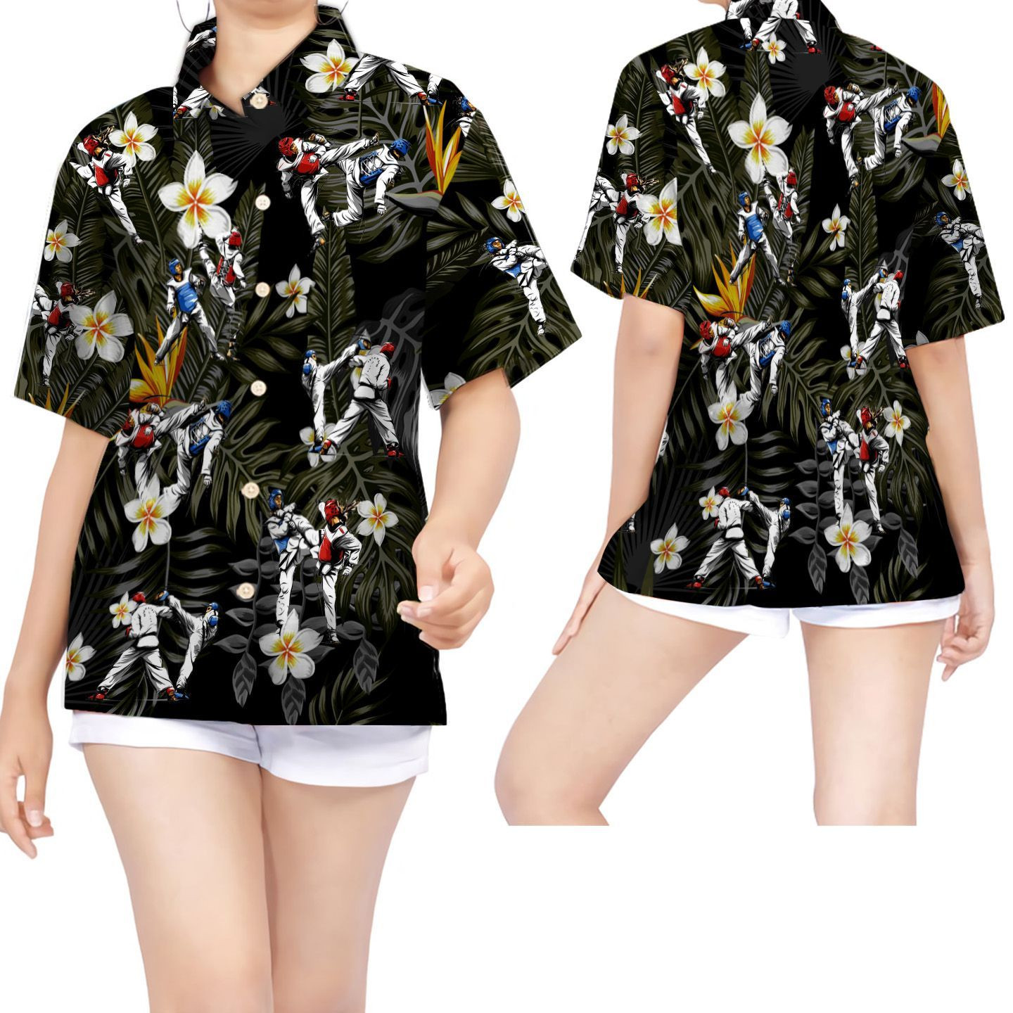 Taekwondo Tropical Flowers Women Hawaiian Shirt For Martial Arts Lovers