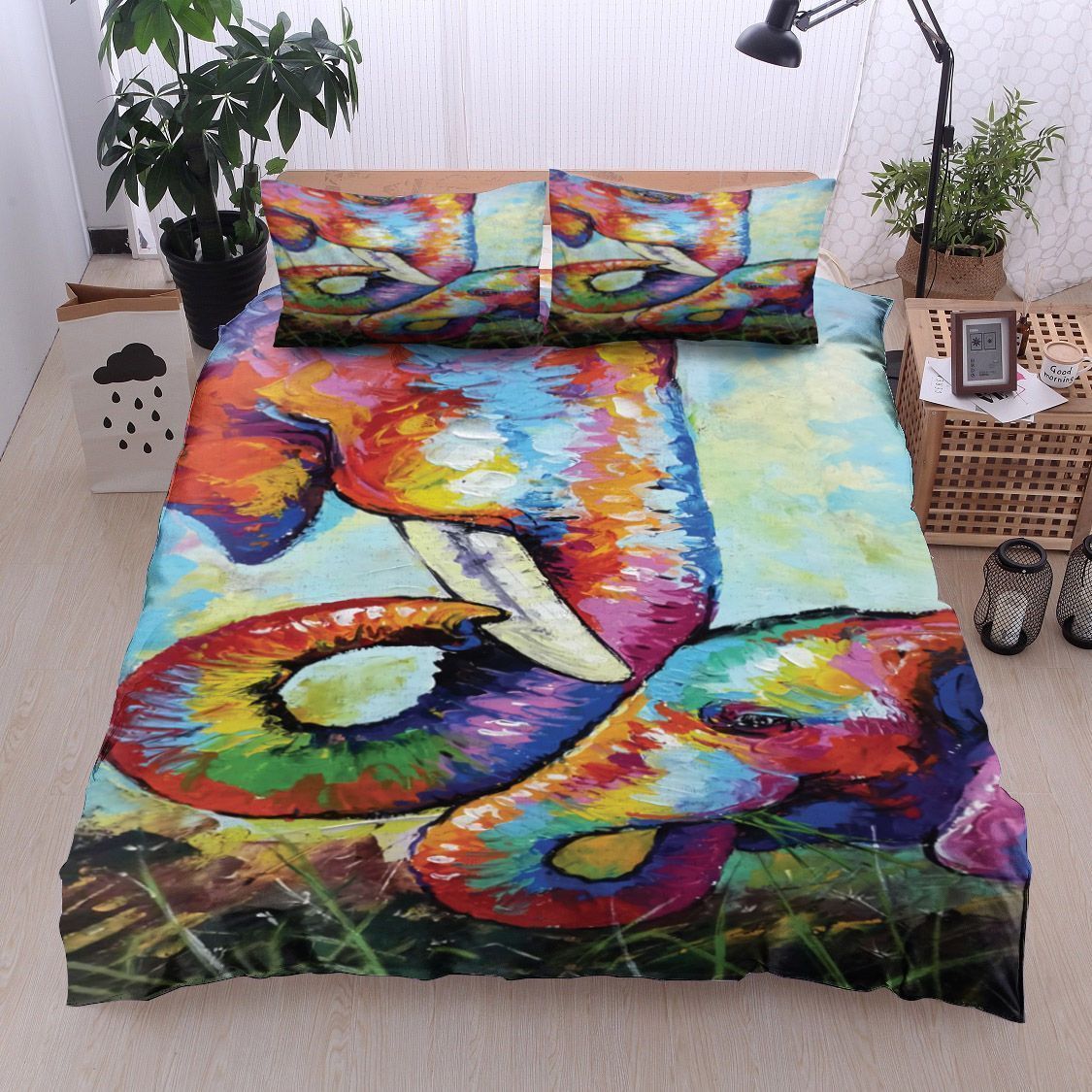 3D Colorful Elephant Mom And Daughter Painting Art Cotton Bed Sheets Spread Comforter Duvet Cover Bedding Sets