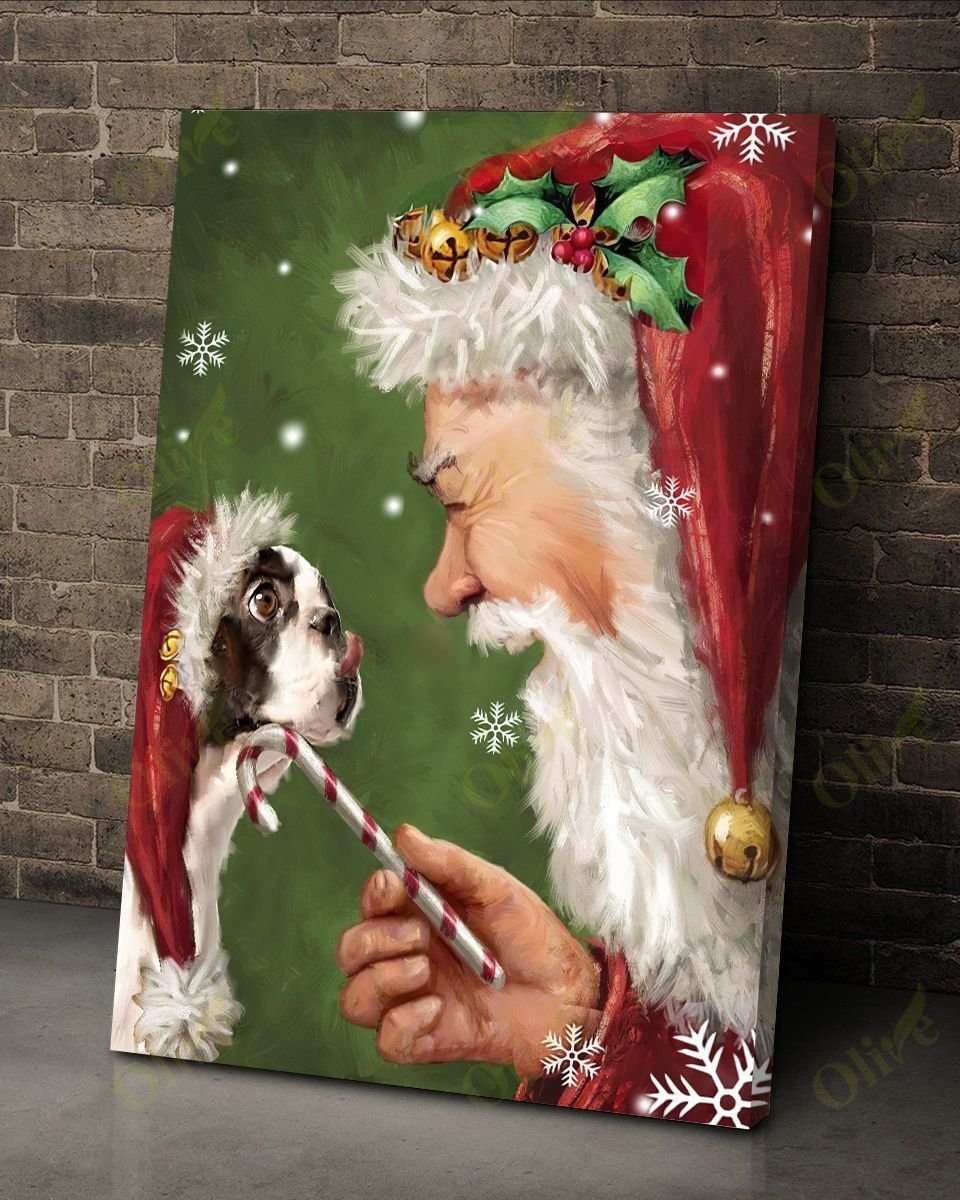 Boston Terrier Talking To Santa Canvas Wall Art Home Decor