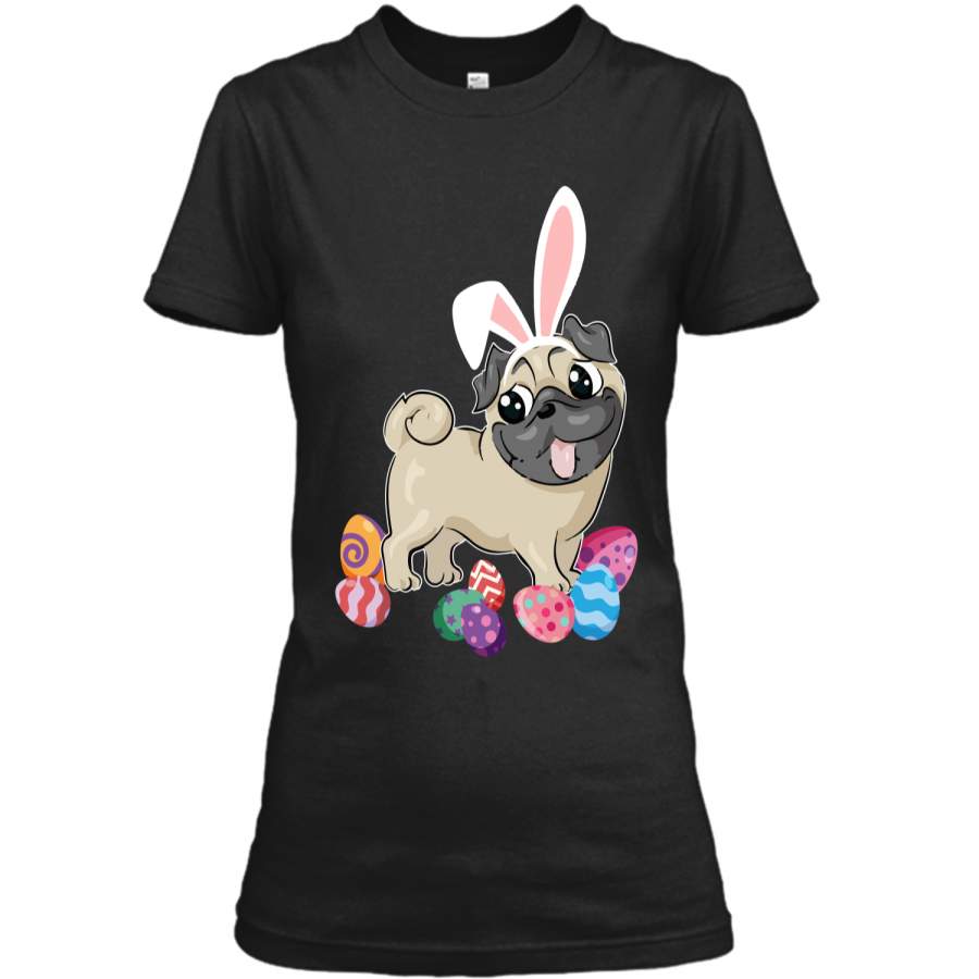 Cute Pug Dog With Bunny Hat Easter Eggs T-Shirt Happy Ladies Custom