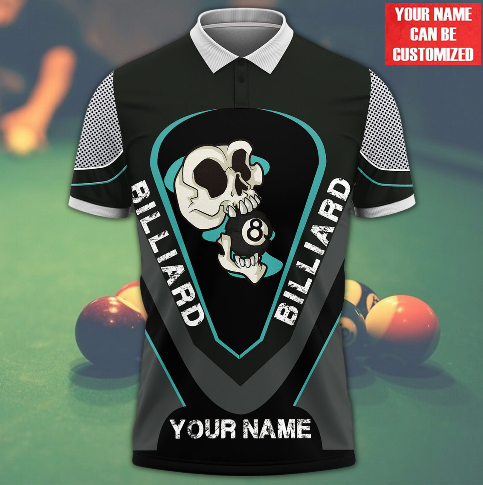 Personalized Name Billiard All Over Printed Unisex Polo Shirt, Skull With Ball 8, Shirt For Billiard Lover