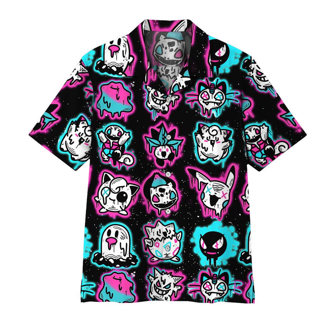 Unifinz Pokemon Hawaii Shirt Ghost Pokemons Glowing Light Black Pink Aloha 2022 Ha58637