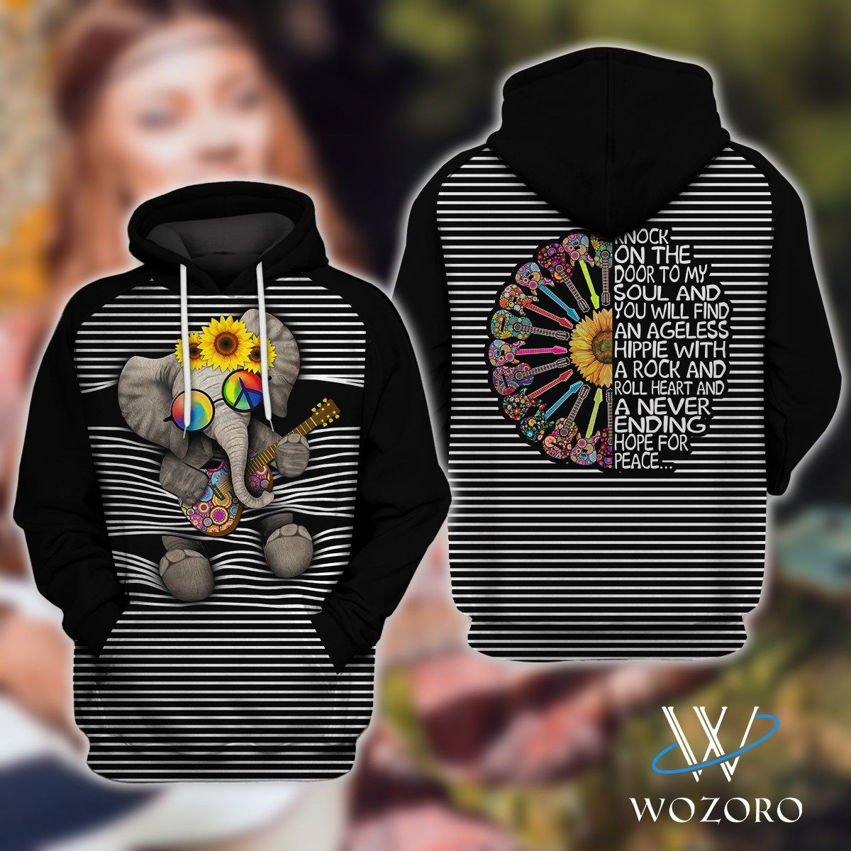 Striped Elephant Knock On Hippie Best 3D Printed Sublimation Hoodie Hooded Sweatshirt Comfy Soft And Warm For Men Women S To 5Xl Ctc25039092