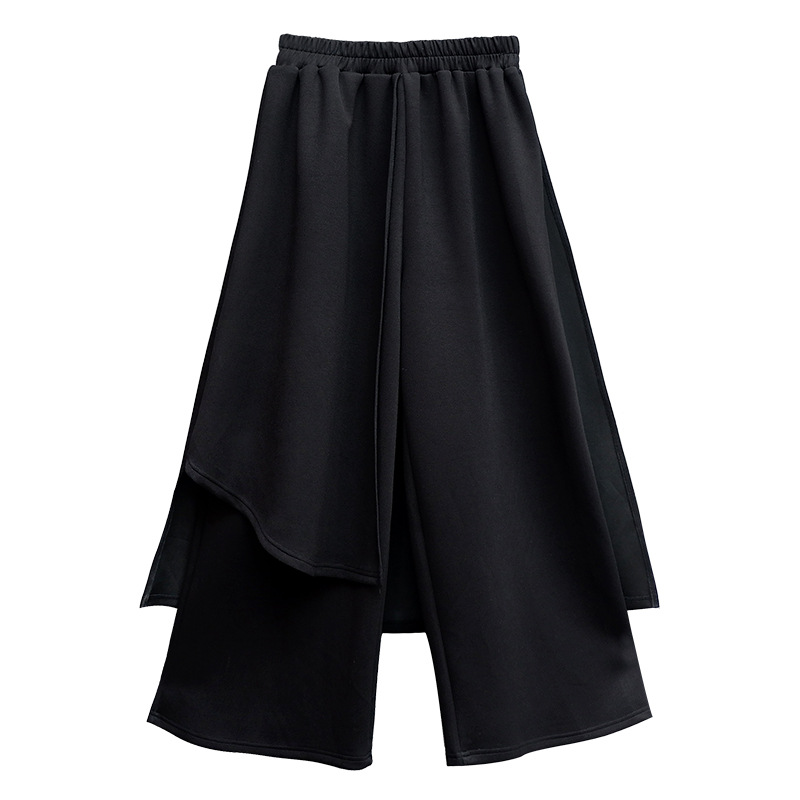 Autumn 2021 new fake two piece fashion wide leg pants dark Department personalized stitching elastic waist irregular skirt alx