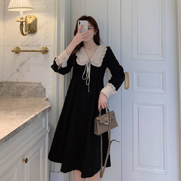 Black Sailor Collar Button Lace Stitching Casual Dress Women Shirt Long Sleeve Midi Dress Ladies High Waist Slim Elegant Dress alx