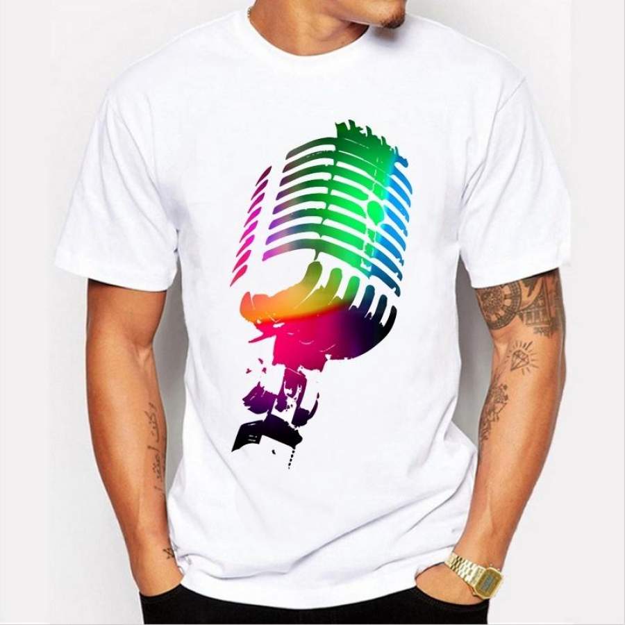 New fashion casual men ‘s T – shirt personalized painted microphone pattern printing short – sleeved white simple T – shirt