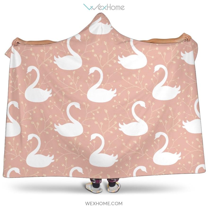 Swan Flower Light Pink Background Hooded Blanket