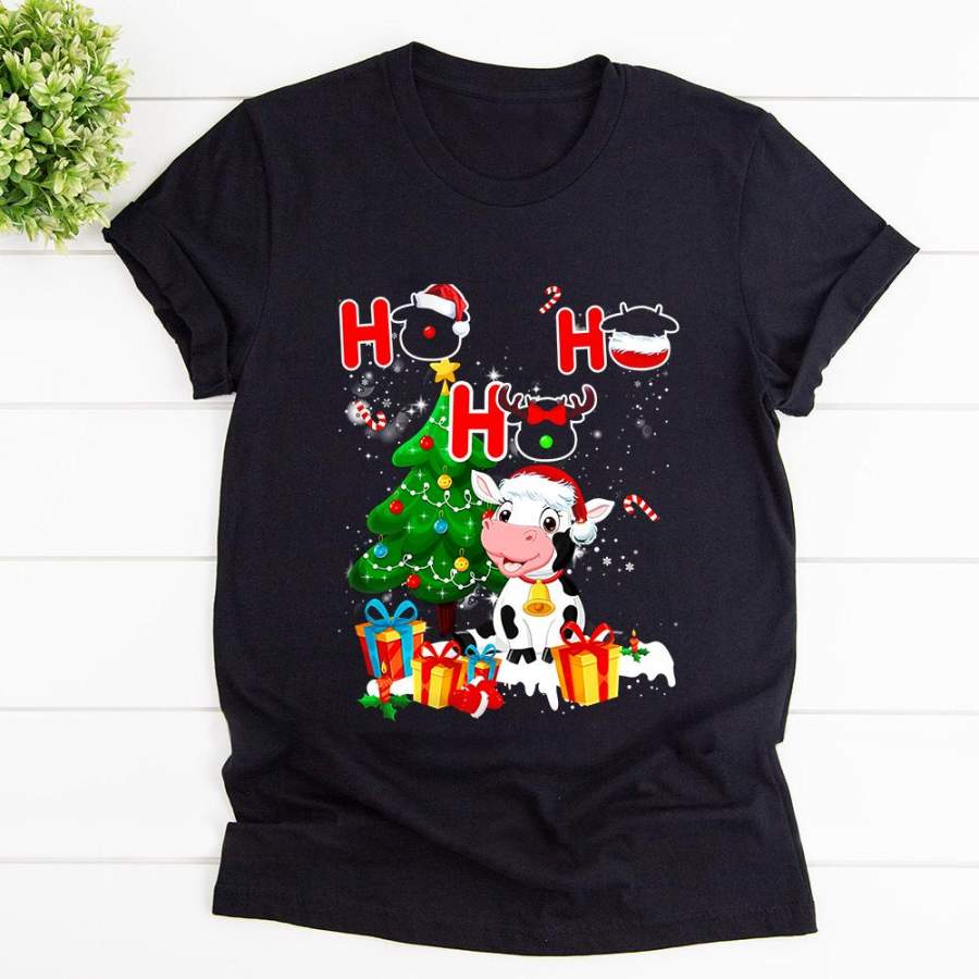 Cows ho ho ho christmas great gift xmas tree candy cane gifts merry christmas lovers black cotton t shirt for men and women S-6XL