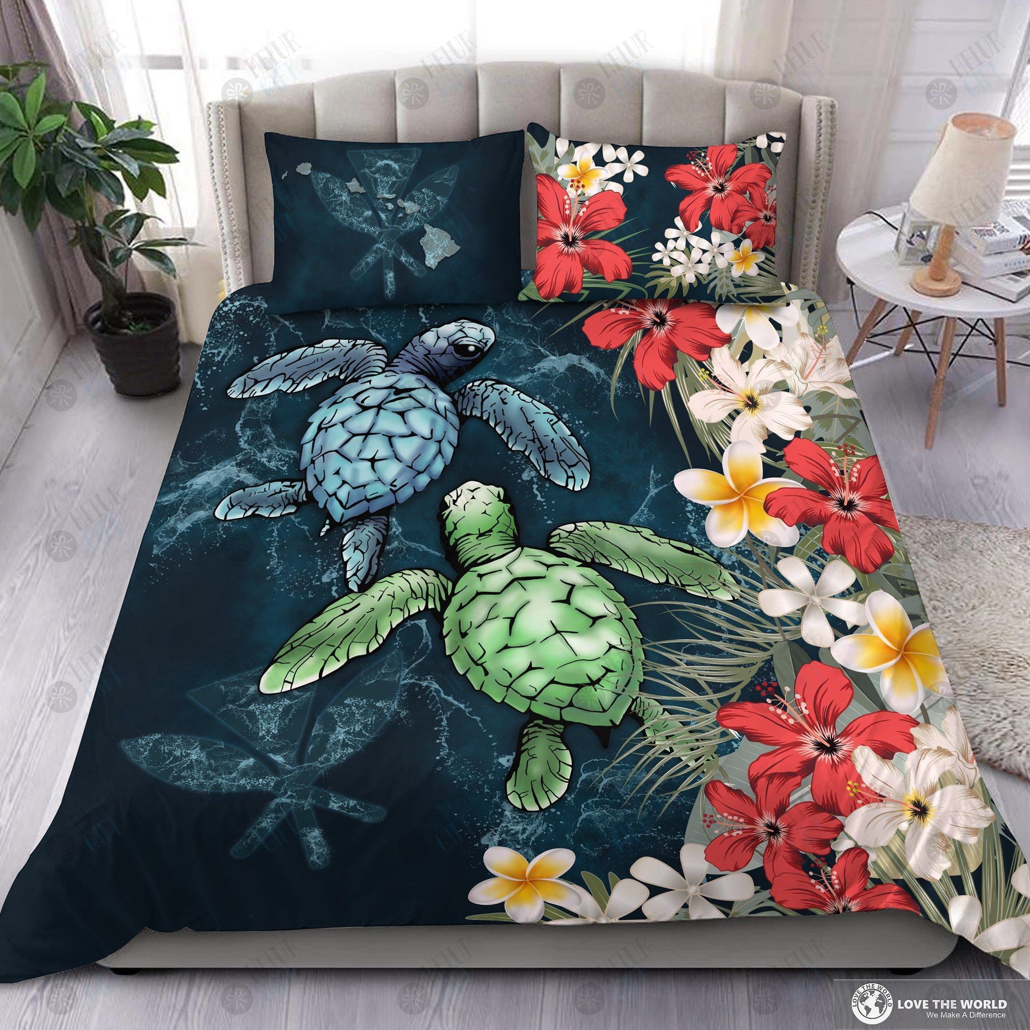 Hawaii Turtle and Flowers Quilt Bed Set