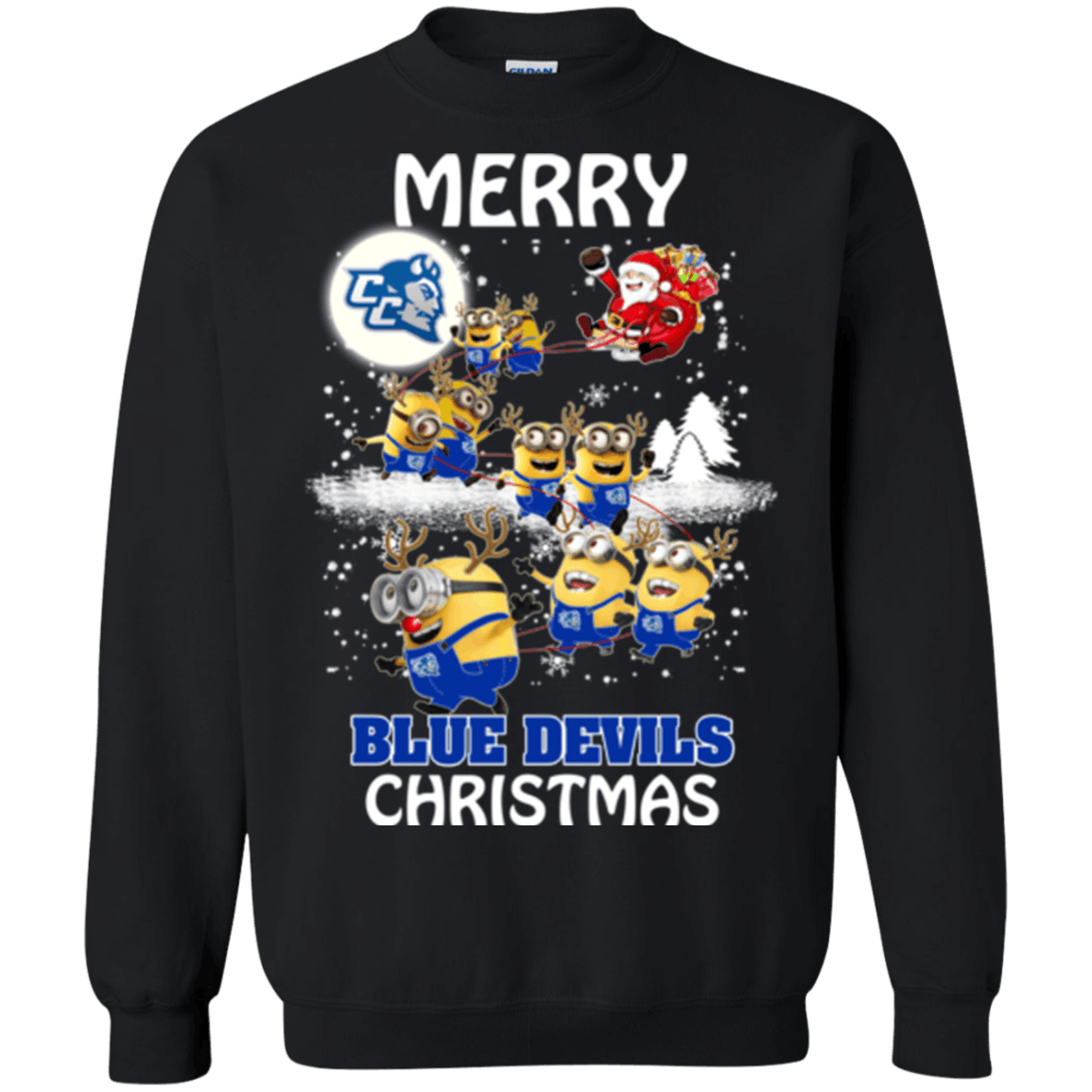 Ultimate Central Connecticut State Blue Devils Minion Ugly Christmas Sweaters Santa Claus With Sleigh Hoodies Sweatshirts