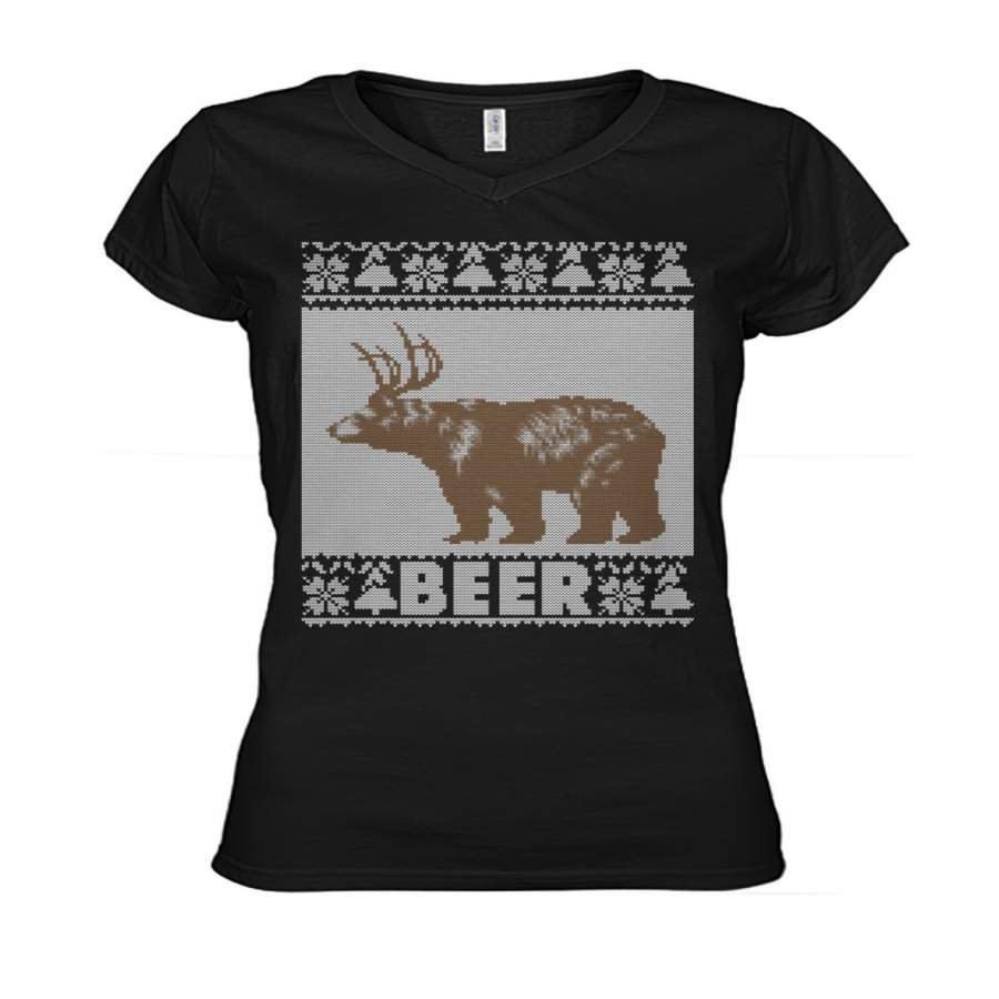 Ugly Christmas Bear Beer Deer Christmas Gift Ladies V-Neck