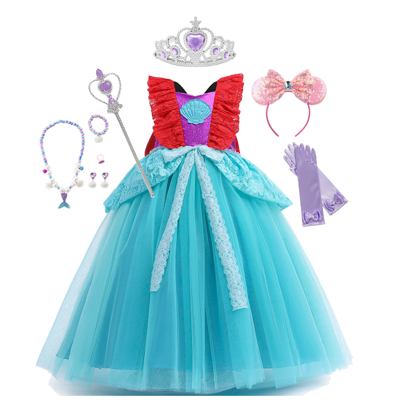 The Little Mermaid Ariel Princess Dress Cosplay Costume Kids Vestido Lace Stitching Wedding Party Evening Prom Girls Dresses Set alx