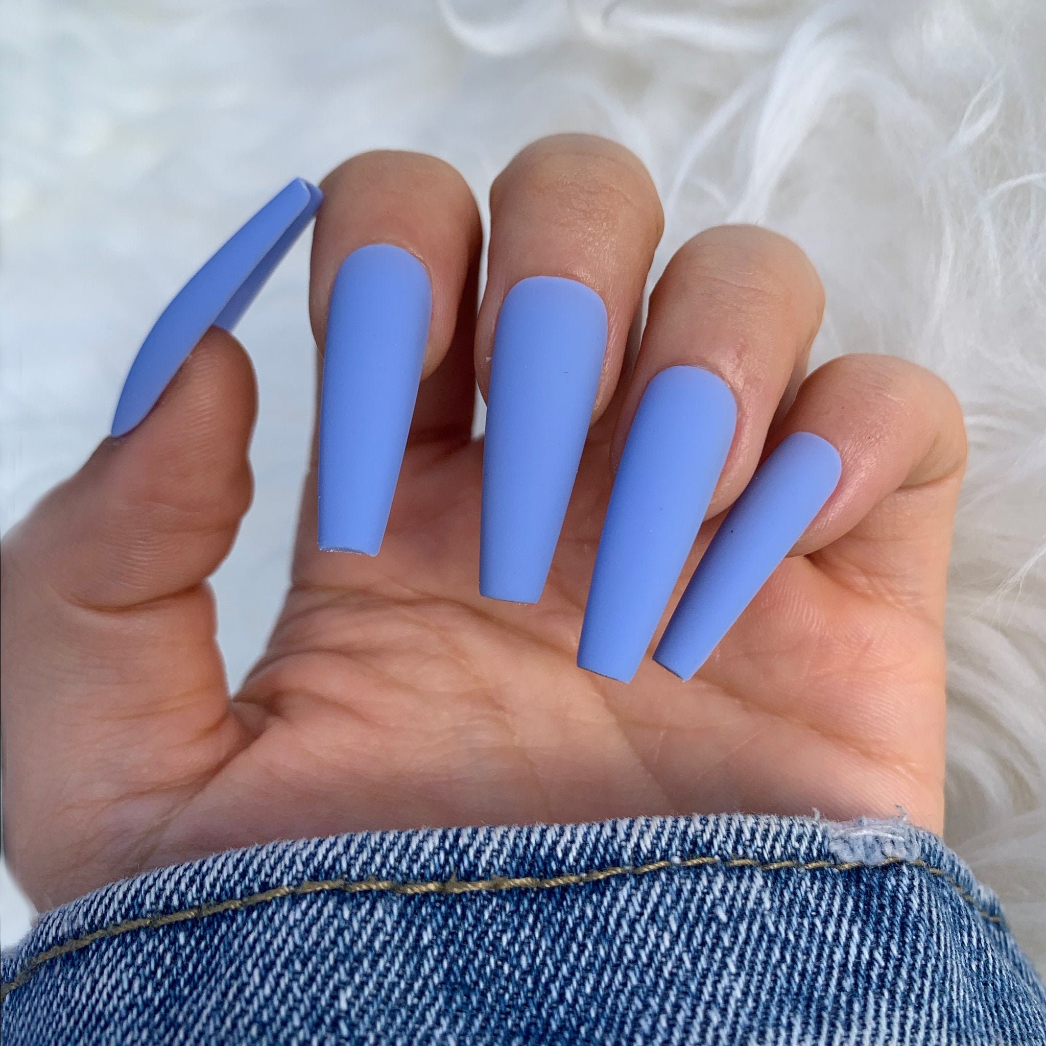 Secret Periwinkle Long Coffin Press on Nails | Shiny Gloss or Matte Finish | 20 PCS False Nails | Solid Color | Fake nails | Glue on Nails