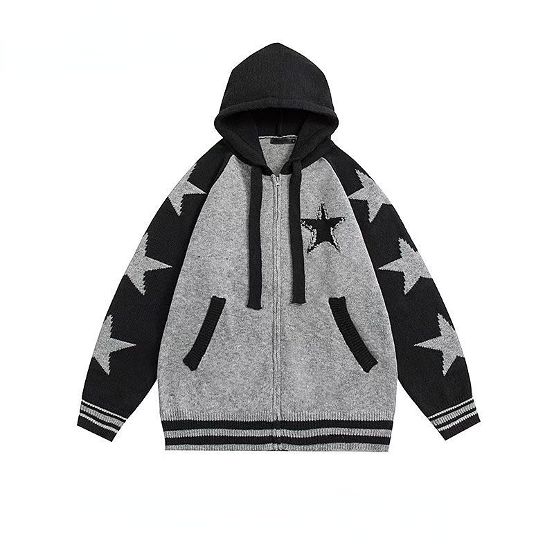 Vintage Star Jacquard Sweater Women 2022 Autumn and Winter American High Street Trend Loose Cardigans Ins Fashion Hooded Sweater alx