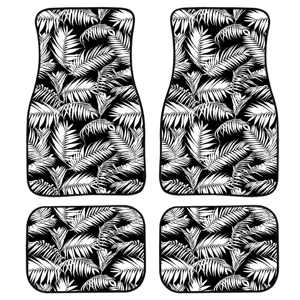 Black And White Palm Leaves Print Front And Back Car Floor Mats, Front Car Mat