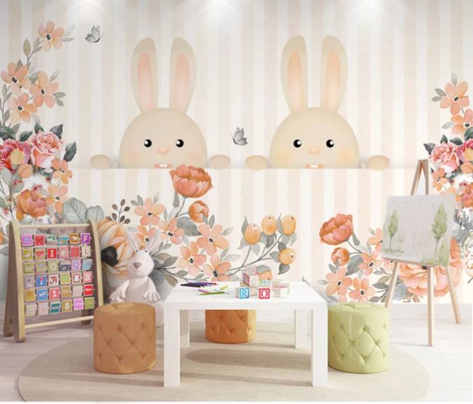 3D Cartoon Rabbit Flower Wall Mural Wallpaper 148