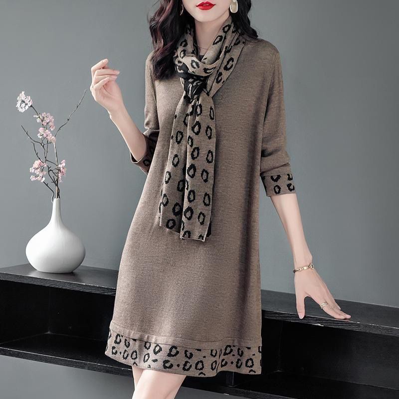 Stylish Female Long Sleeve Printed Elegant Scarf Collar Dress Loose Straight Vintage Dresses Women’s Clothing Autumn Winter alx