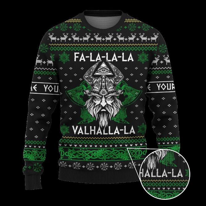 Viking Ugly Christmas Wool Knitted Sweater Fa-La-La-La-La Valhalla Viking Odin Wool Sweater