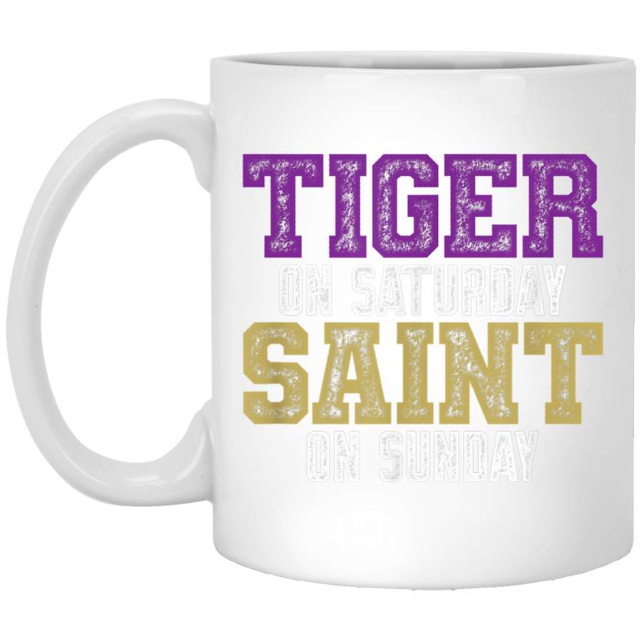 Tiger on Saturday Saint on Sunday Louisiana Football Apparel White Mug