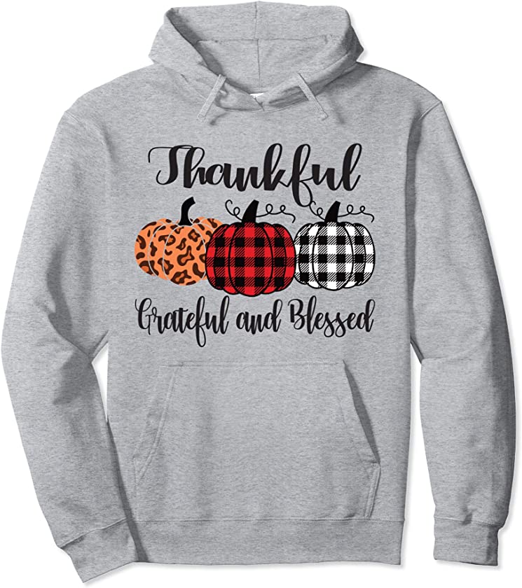 Thankful Grateful Blessed Plaid Leopard Pumpkin Thanksgiving Pullover Hoodie