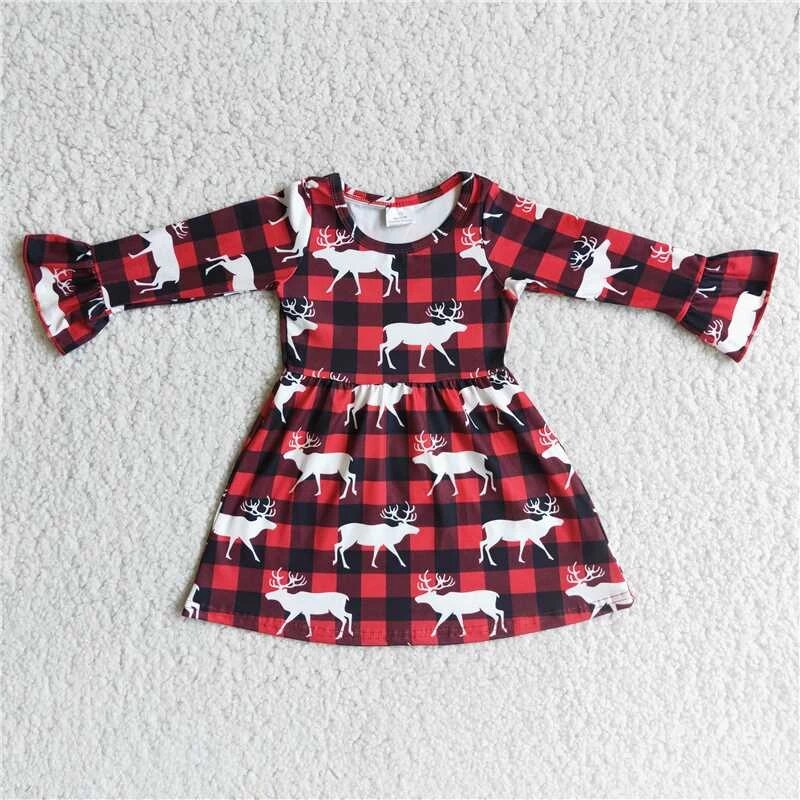 2022 Autumn And Winter Girl’s Princess Christmas Red Plaid Deer Skirt With Long Sleeves Dress Fashion Daily Wearing Holiday alx