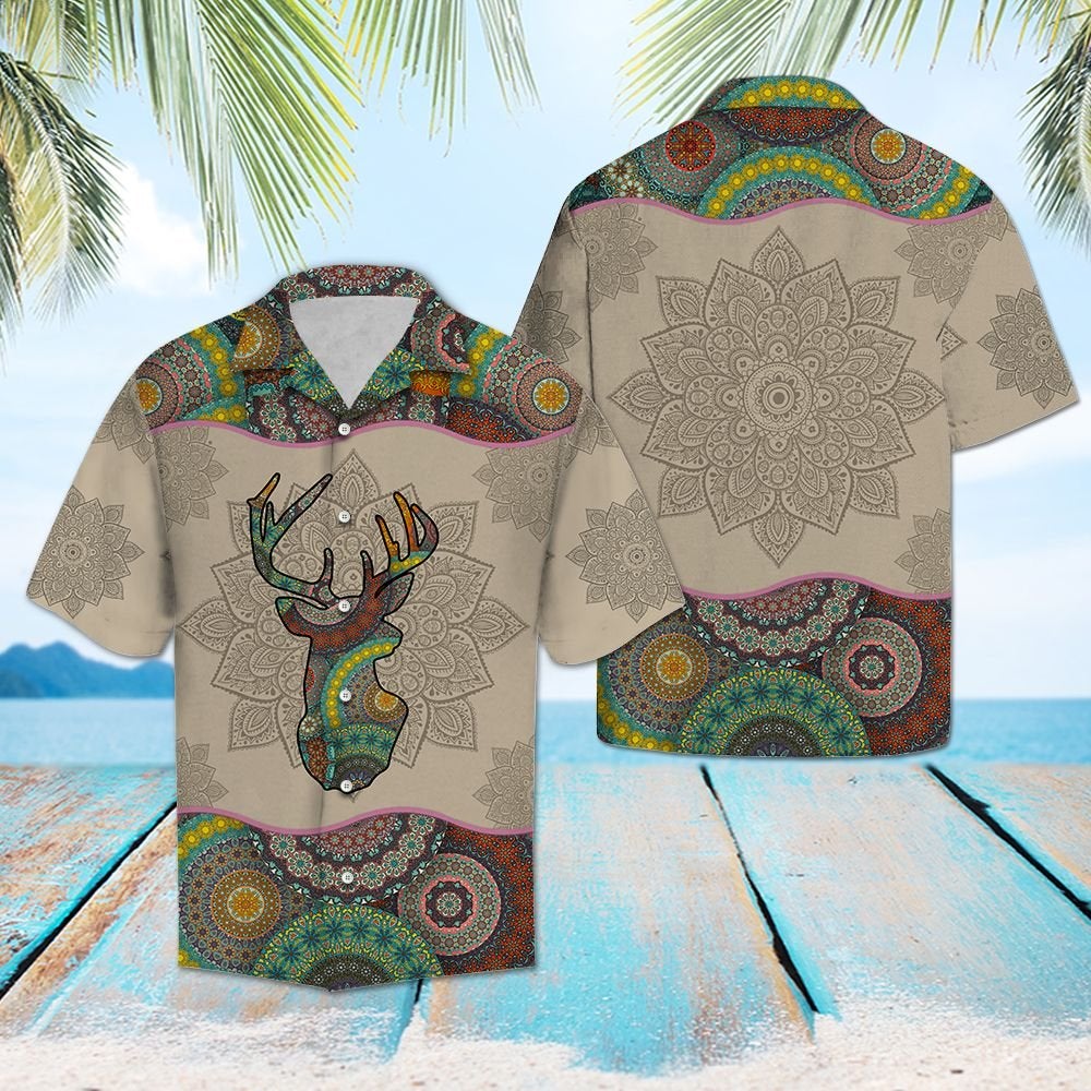 Deer Hunting Mandala Hawaiian Unisex Print Aloha Short Sleeve Casual Shirt Ha17861