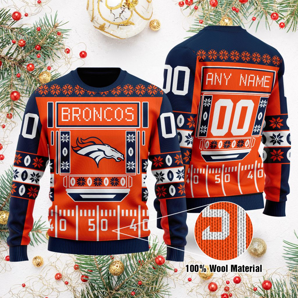 Denver Broncos Custom Name Number Gift For Fan Ugly Wool Sweater Christmas