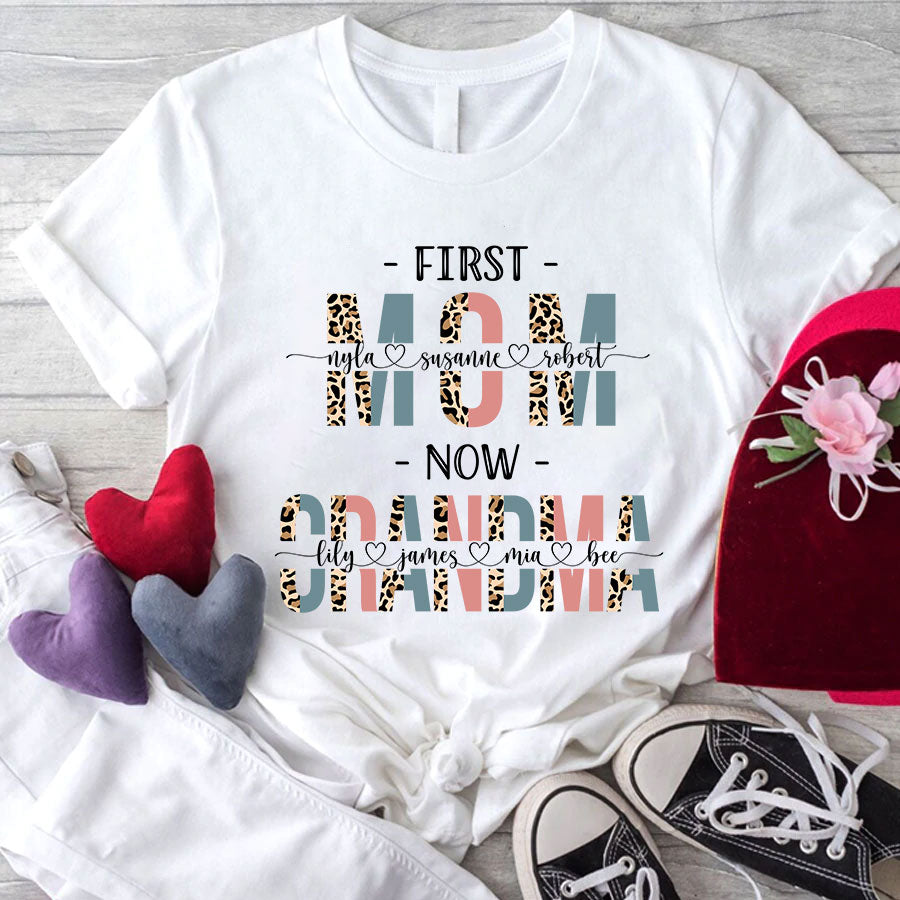 Personalized First Mom Now Grandma Leopard T-Shirt