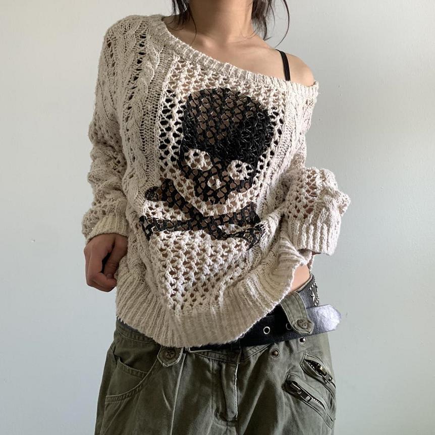 Y2k Long Sleeve Hollow Out Crochet Sweaters Loose Knit Pullover Jumpers Tops 90s E-Girl Grunge Fairycore Knitwear Streetwear alx