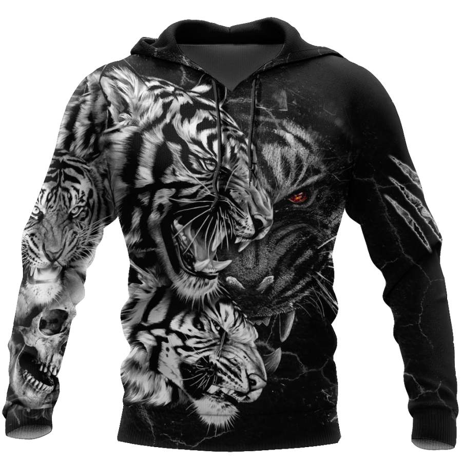 Tiger Black and White Tattoo Over Printed Hoodie for Men and Women TP