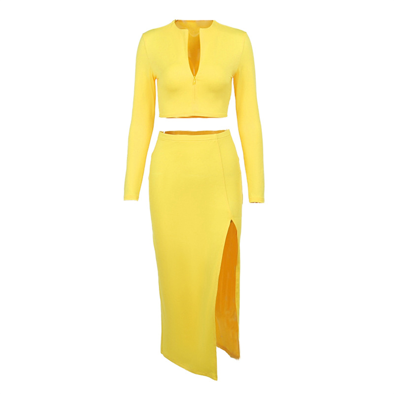 Women Party Fashion Bodycon Outfit Solid Fall Spring Long Sleeve V Neck Zipper Tops+Split Wraps Skirt Set Ladies Sexy Streetwear alx